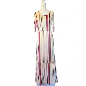 Agnes & Dora Ivory Pink Black Maxi Dress Vintage Stripe Side Pockets Half Sleeve